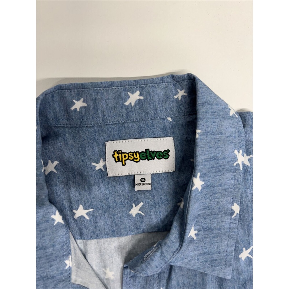Tipsy Elves Button Up Shirt Men's Sz XL Blue White Stars USA Flag Adult - Picture 2 of 6